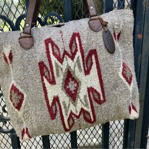 Manos Zapotecas Wool Aztec Tote Bag with Leather Handle Mexico Burgundy Cowboy